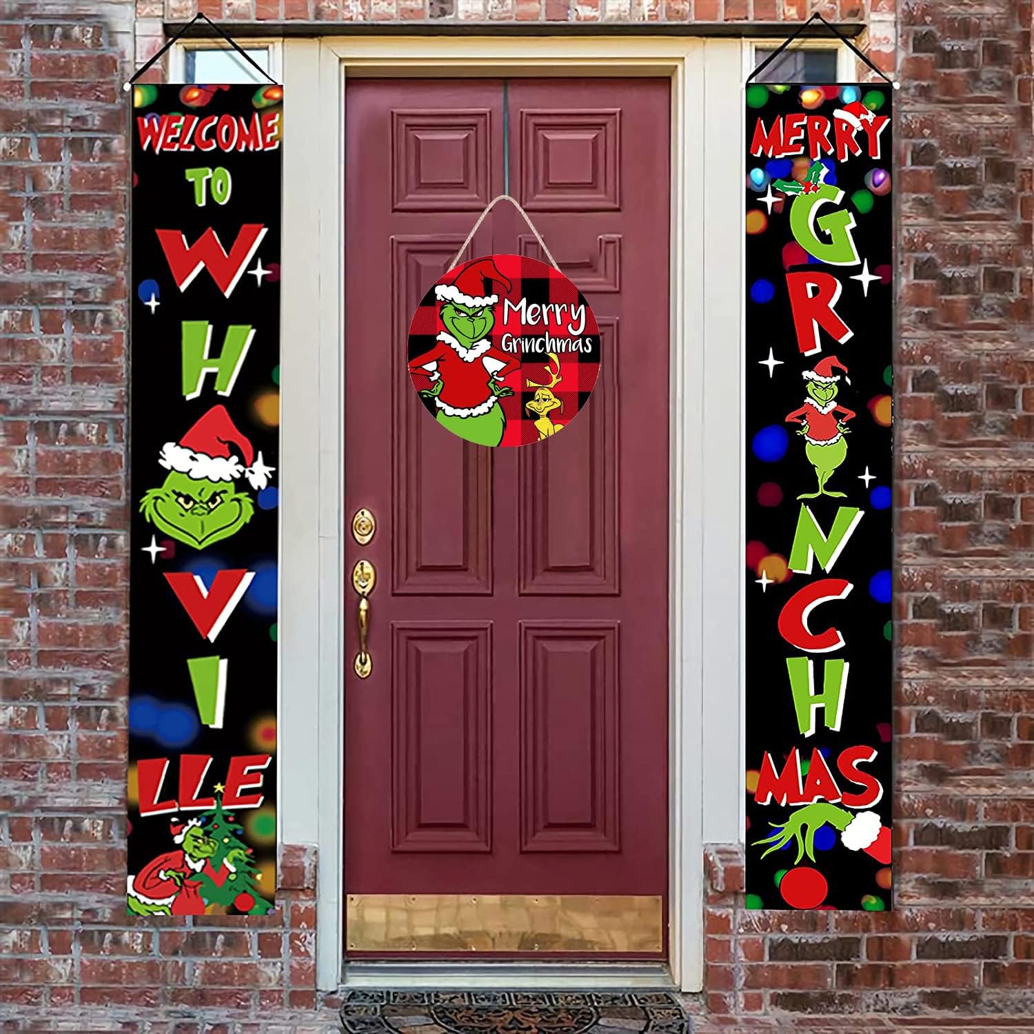 Corona de Navidad, corona de Feliz Grinchmas para puerta delantera, decoraciones de Navidad, letreros de puerta de madera, decoración del hogar para