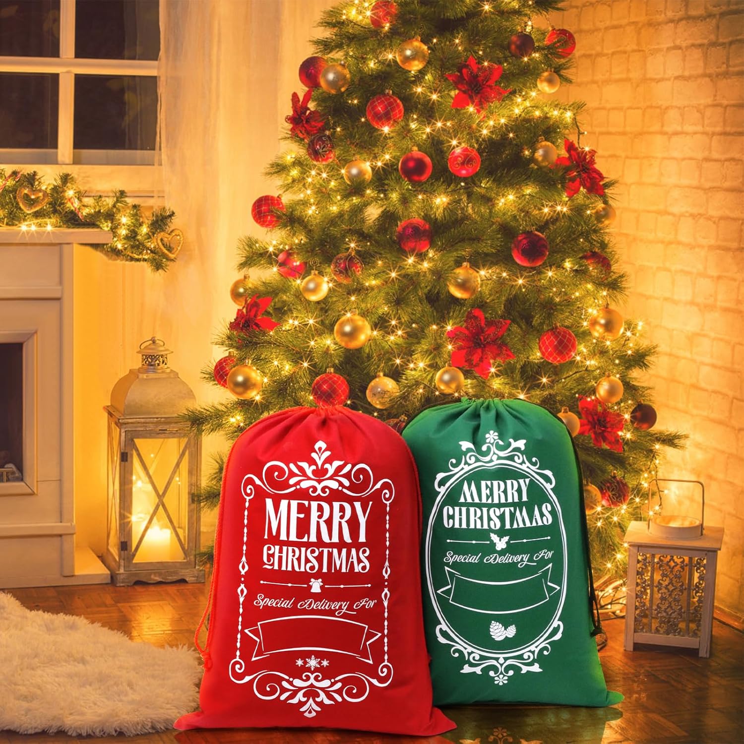 AOUTACC 6 bolsas de regalo de Navidad con cordón de Papá Noel, 27.5 x 19.7 pulgadas, reutilizables, extra grandes, con cordón, bolsas de regalo de