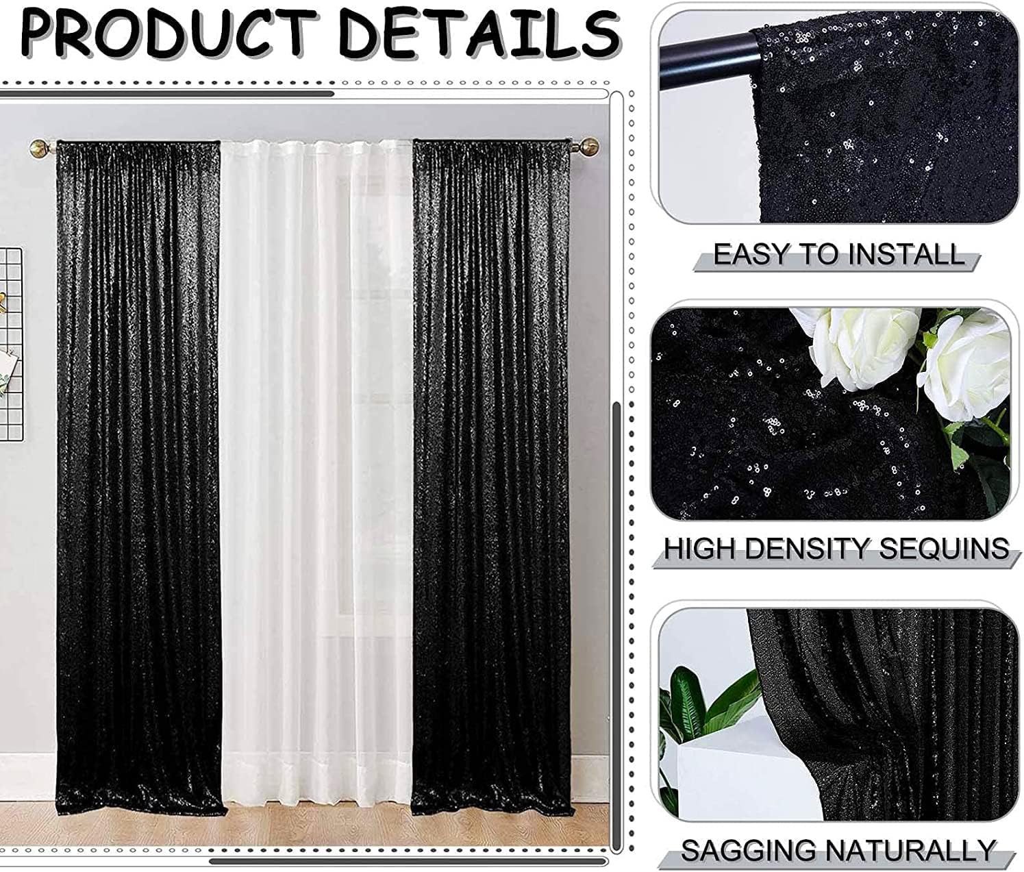 Cortinas de fondo de lentejuelas negras con purpurina de 2 x 8 pies, 4 paneles para decoración de bodas, fiestas de cumpleaños, despedidas de