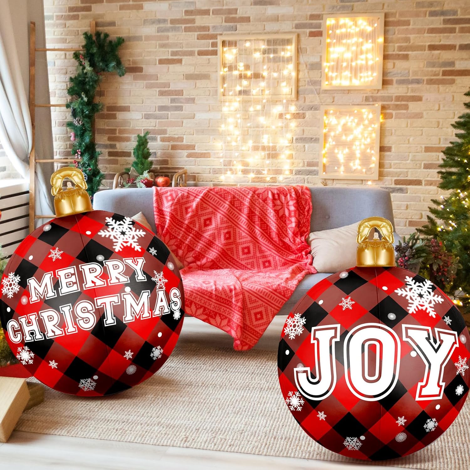 4 bolas inflables gigantes de Navidad de 25 pulgadas, bolas inflables de búfalo rojo y negro, adornos inflables gigantes para Navidad al aire libre,