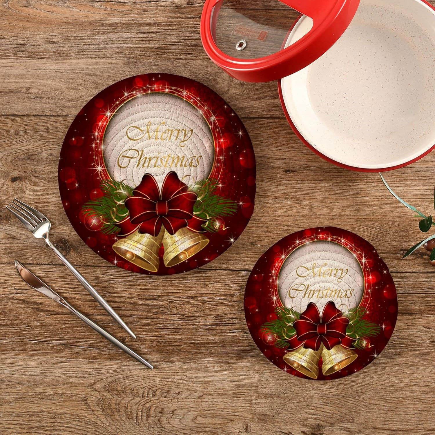 Juego de salvamanteles de campana de Navidad, almohadillas para cocina, resistentes al calor, feliz año nuevo, salvamanteles decorativos para platos