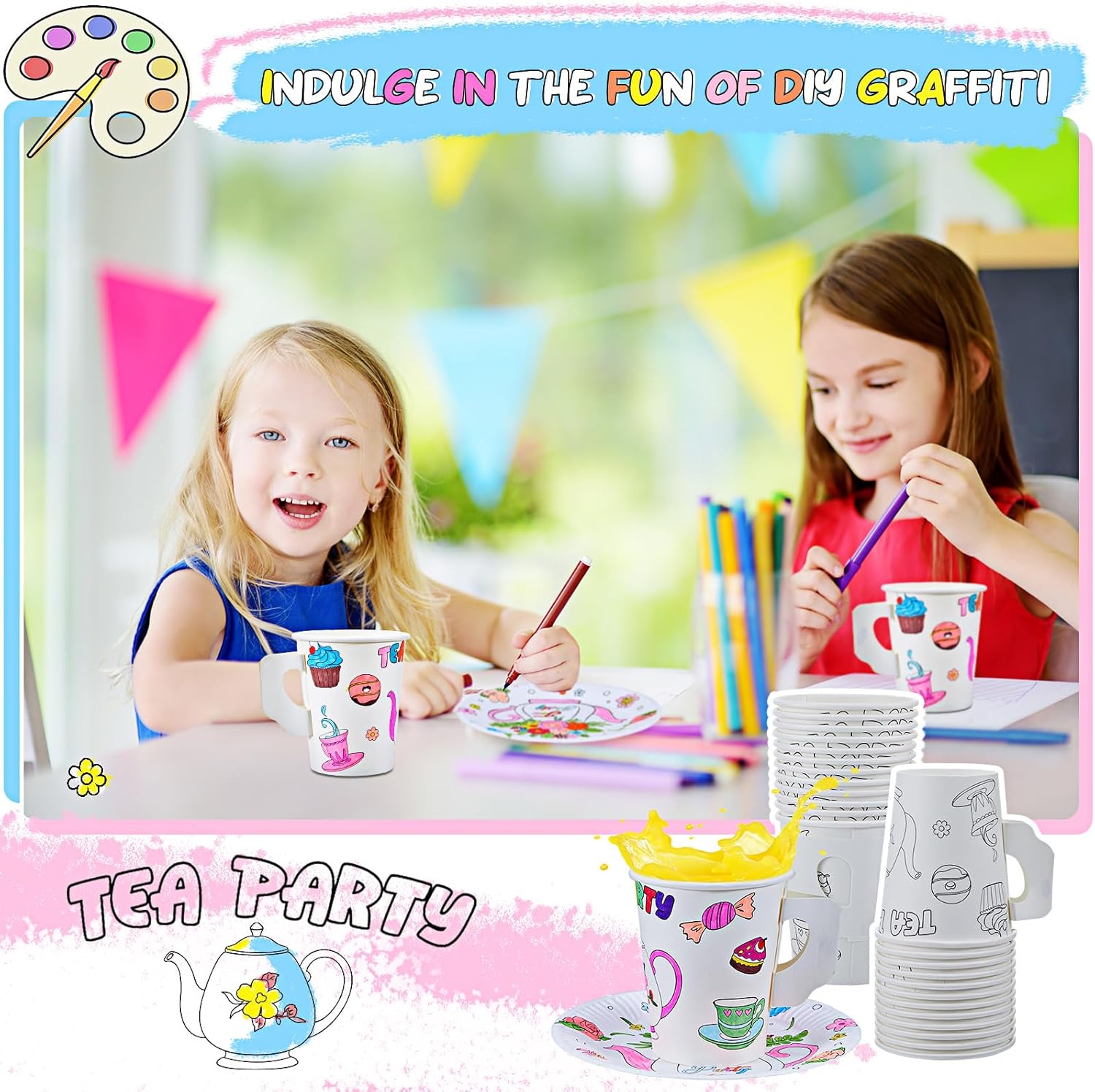 Tazas de té de papel con asa, tazas desechables para colorear para niños, tazas de té y platos de papel floral, calcomanías para fiestas de té,