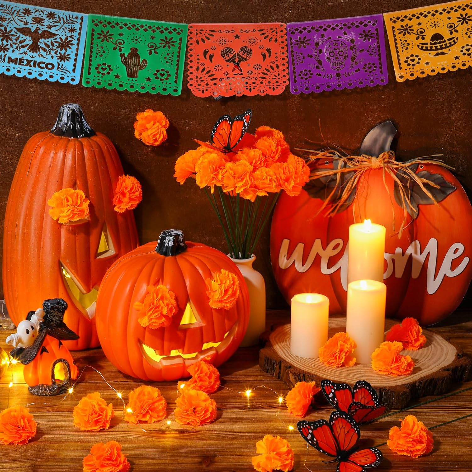 120 piezas de decoración del Día de los Muertos, flores artificiales de caléndula de seda con tallos, mariposas monarca falsas para Diwali Dia De