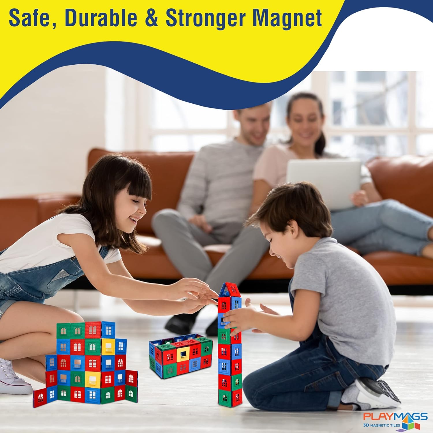 Playmags Exclusivo Juego de 60 piezas – Juego de azulejos magnéticos 3D, 30 marcos de ventana y 30 ventanas de clic, azulejos de construcción de