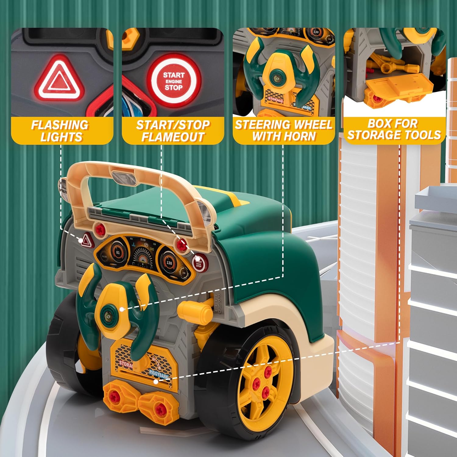 Juguete de motor de camión, juego de reparación mecánica para niños pequeños de 3 a 5 años, kit de construcción de autos grandes y grandes, estación