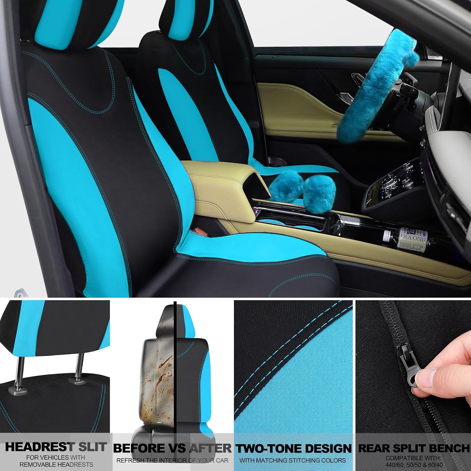 Juego completo de 17 fundas de asiento de automóvil para mujer, ajuste universal, fundas de asiento delantero y trasero, fundas esponjosas de forro