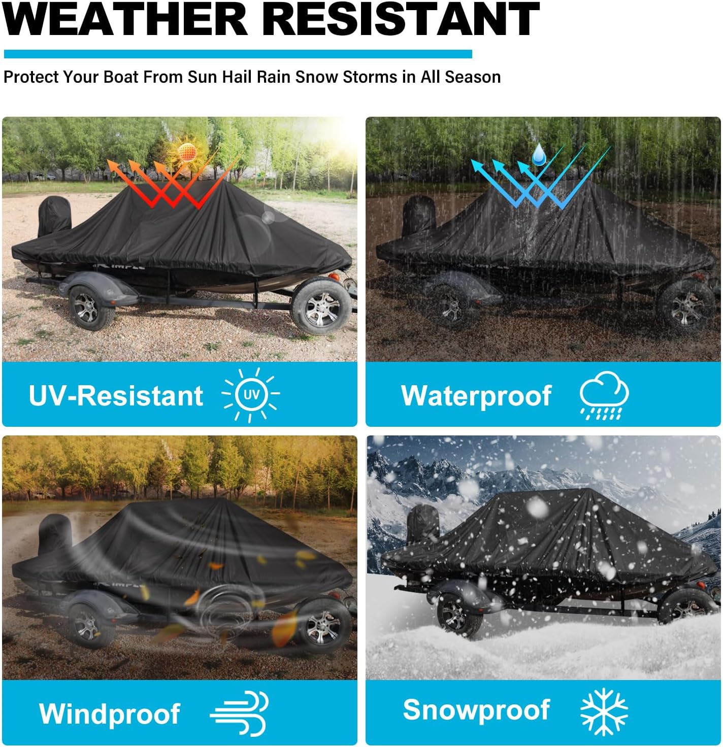 Funda para lancha de 14 a 16 pies con cubierta de motor, impermeable, resistente a la decoloración, resistente a la decoloración, lona marina
