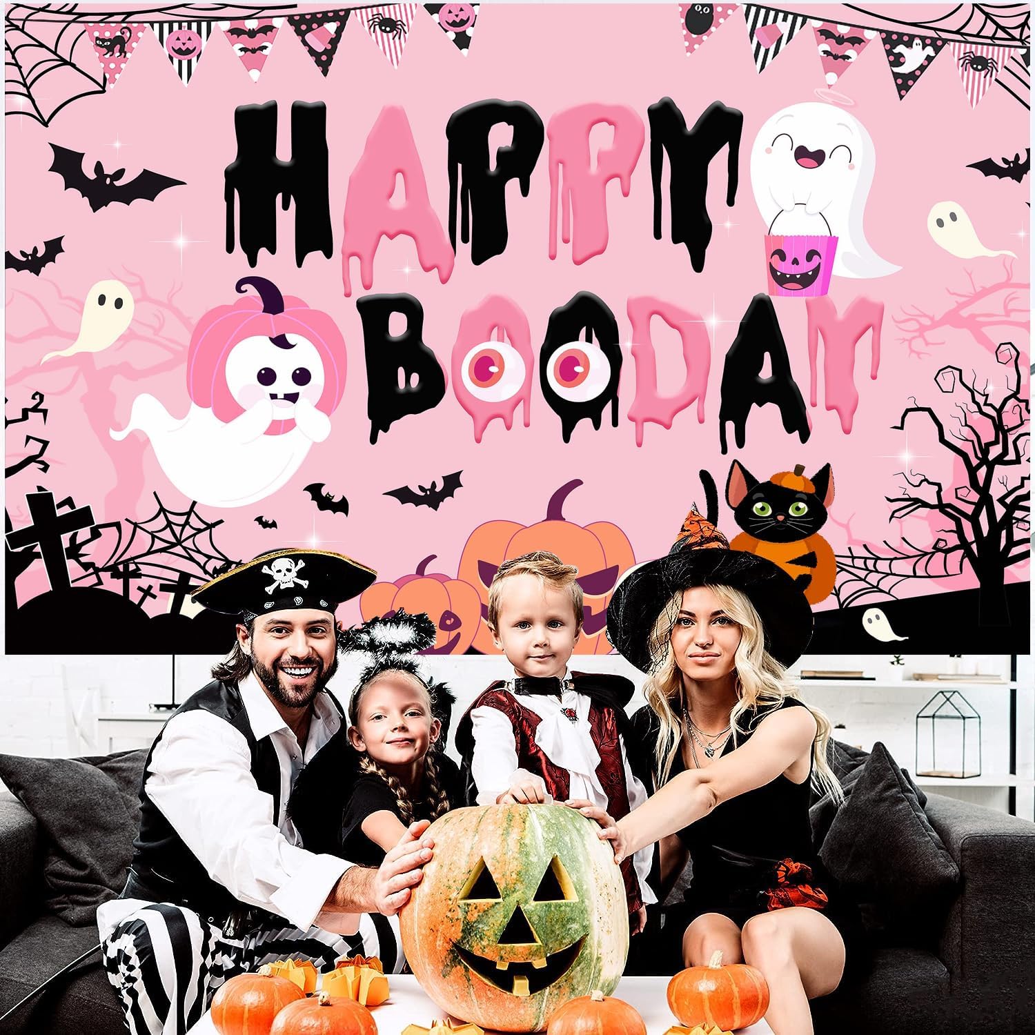 Decoraciones de fiesta de Feliz Boo Day color rosa y negro, decoraciones de fiesta de cumpleaños de Halloween, pancarta de fondo de feliz día de