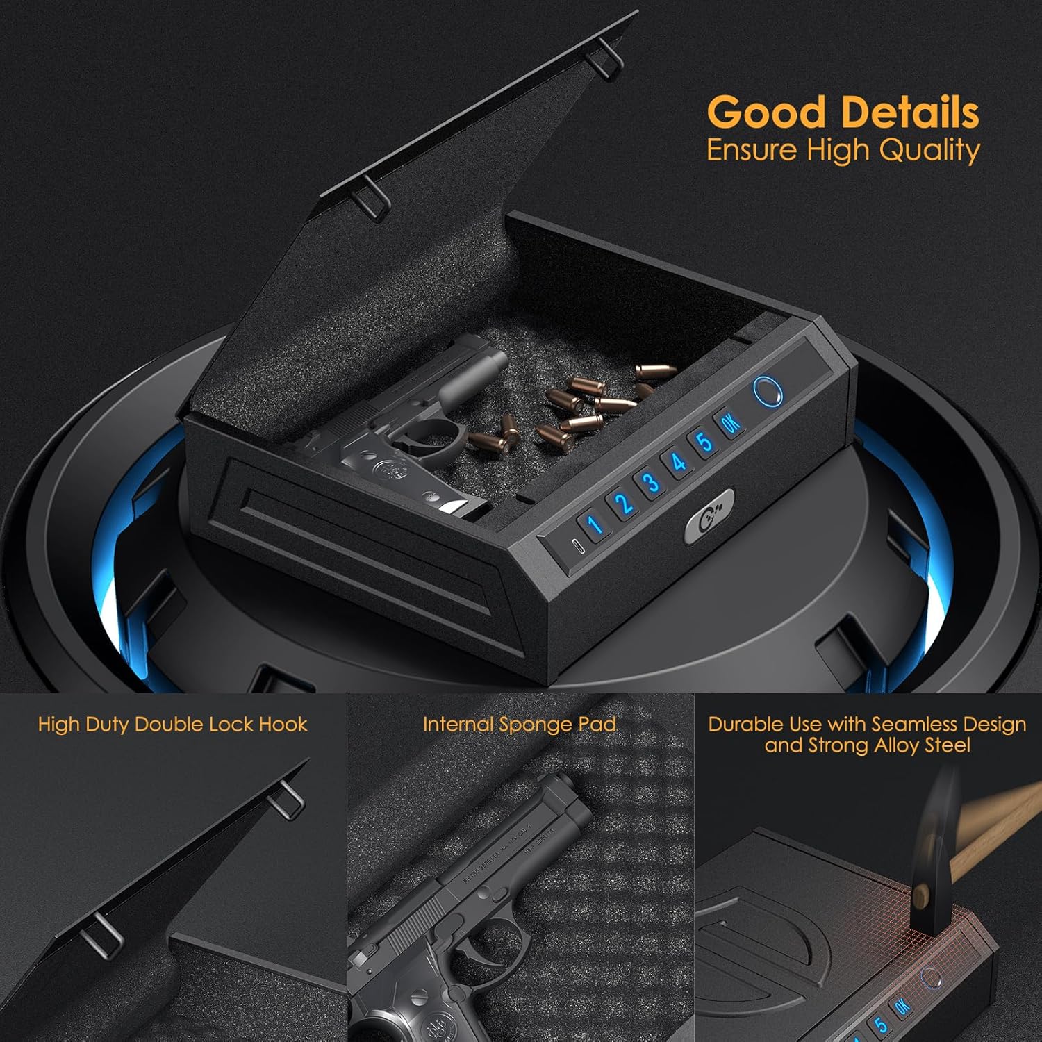 Gun Safe Biometric Handgun Safe, Fingerprint Pistol Safe 3-Ways Quick-Access Gun Safes for Pistols with Key and Keypad, Gun Lock Box for Pistols
