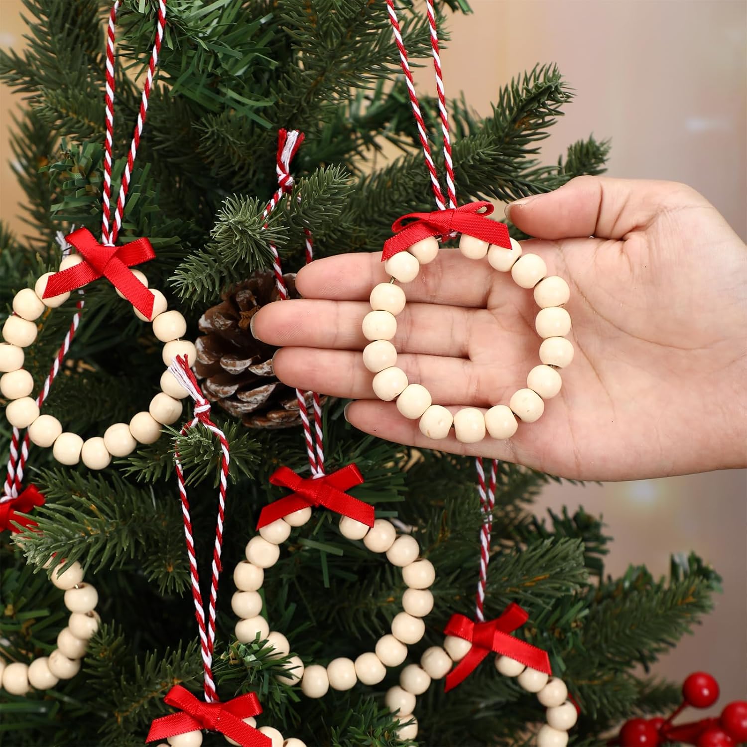 12 piezas de adornos redondos de madera para árbol de Navidad, adornos bohemios para árbol de Navidad, cuentas de madera con lazo para casa de