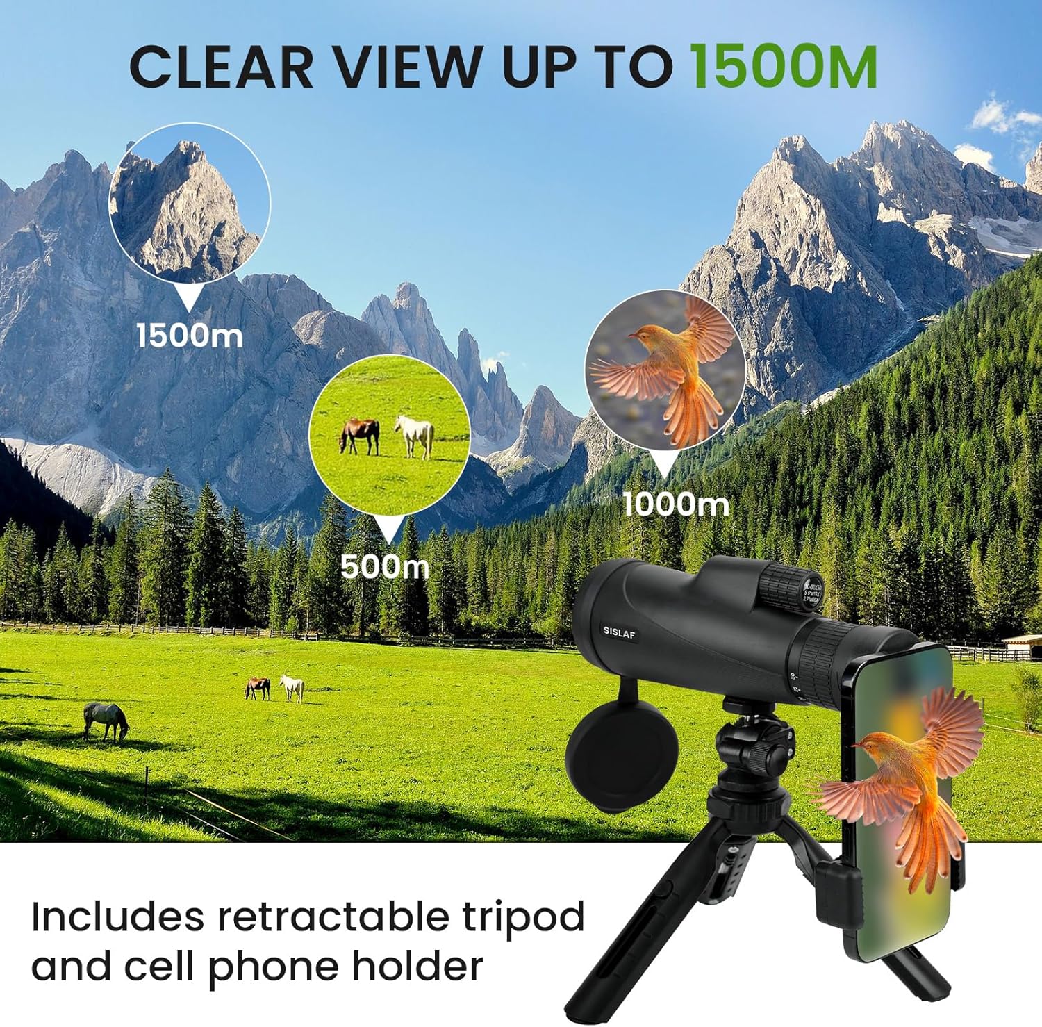 Telescopio monocular de 10-30×50 con adaptador para teléfono inteligente, telescopio de mano de alta potencia de baja visión nocturna, regalo de