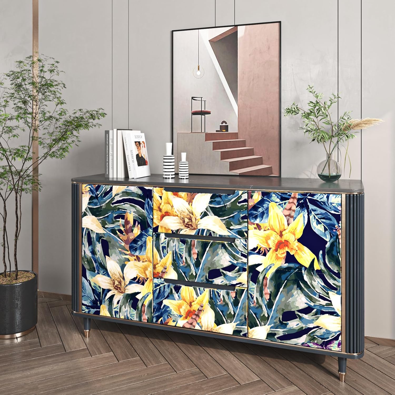 FunStick Papel tapiz floral azul marino oscuro de 17.5 x 354 pulgadas, despegar y pegar, papel tapiz floral vintage extraíble, papel adhesivo de