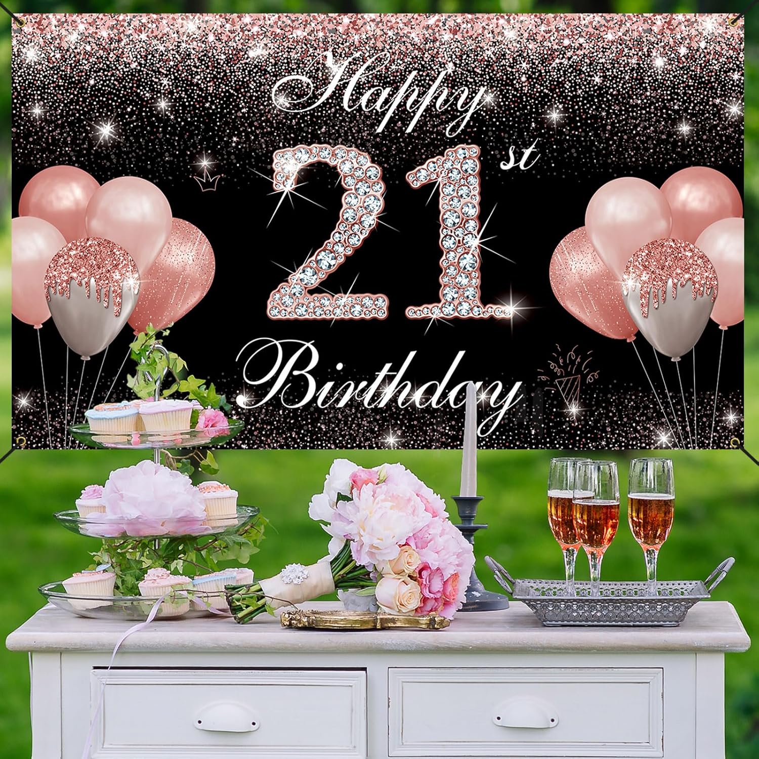 Decoraciones de 21 cumpleaños para ella, oro rosa, pancarta de fondo de feliz cumpleaños 21, fiesta de cumpleaños de 21 años, accesorios de cabina