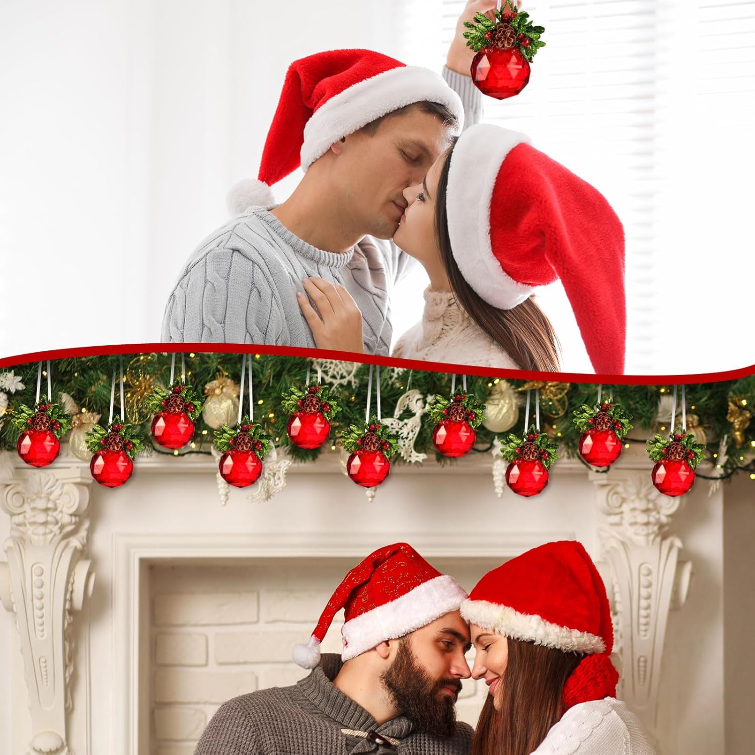 Yuxung 6 piezas de adornos de Navidad de cristal de muérdago de 3 pulgadas, joya roja, boda, Navidad, bola de besos de acrílico, adorno colgante de