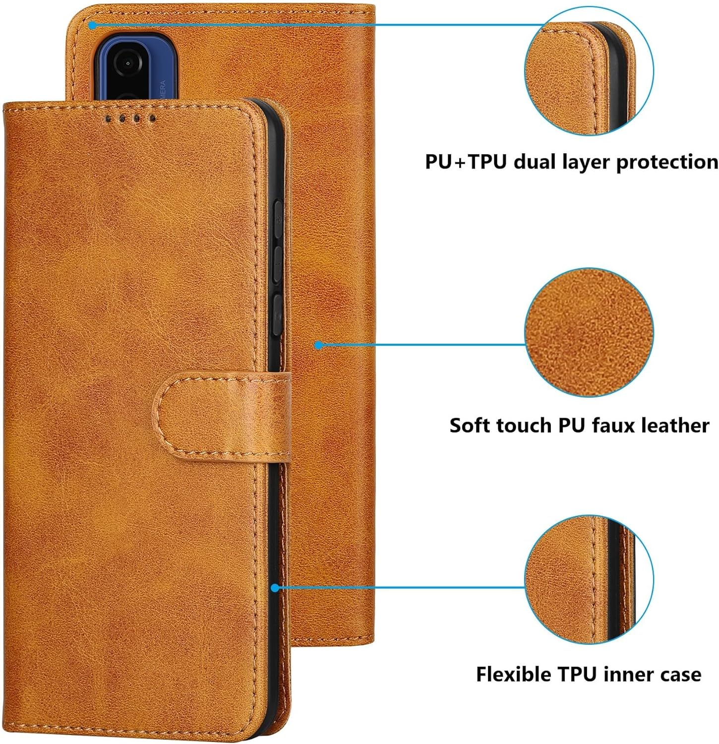 Funda para Moto G Pure (2021)Moto G Power (2022)Moto G Play (2023) Funda de piel sintética con tapa 3 ranuras para tarjetas, 1 bolsillo para dinero