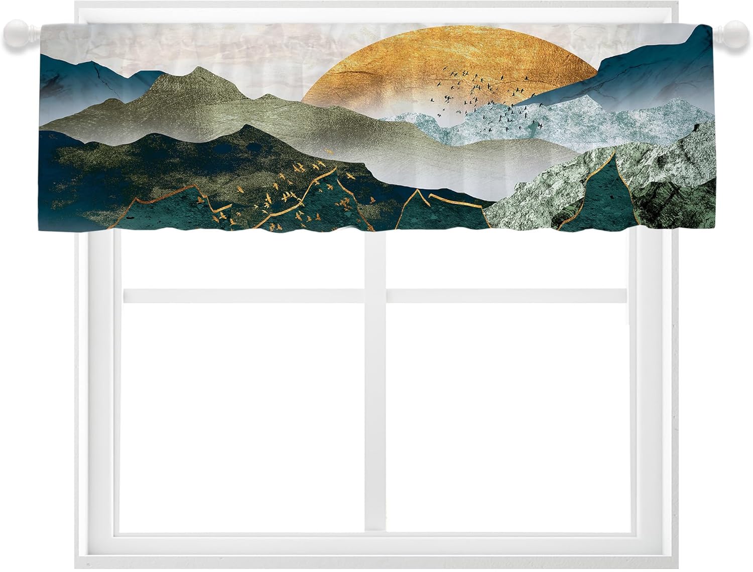 Yorida Cortina abstracta de cenefa de montaña para ventana, estilo bohemio, amanecer, puesta de sol, con bolsillo para barra, cortina de cocina