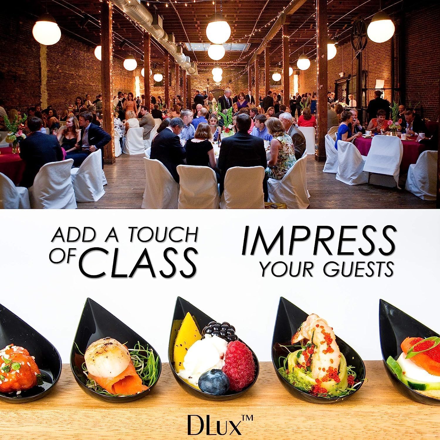 DLux 500 mini platos para aperitivos de 4 pulgadas, cucharas de plástico negro reutilizables, platos de postres y aperitivos, platos para servir,