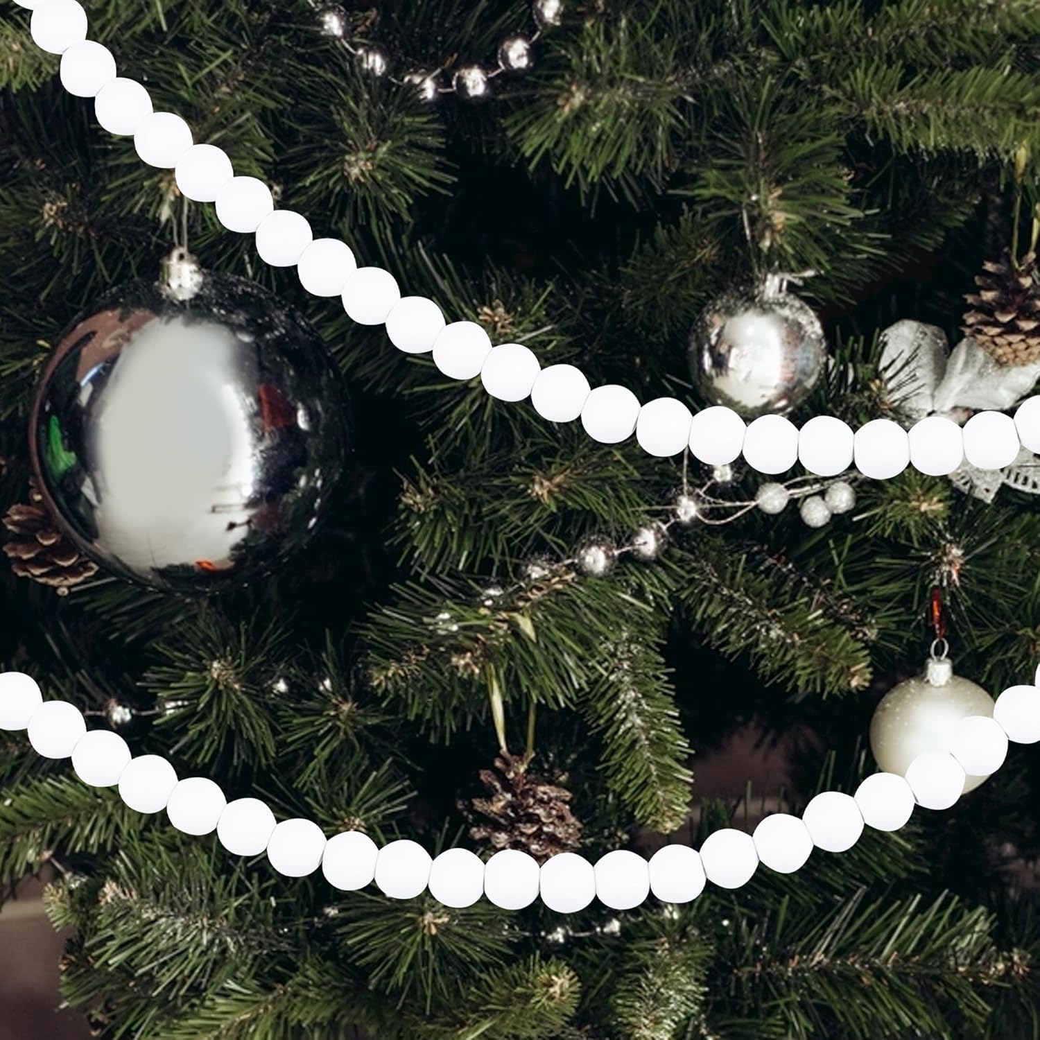 Guirnalda de cuentas de madera de Navidad Guirnalda de cuentas de madera para decoración navideña de árbol de Navidad (blanco)
