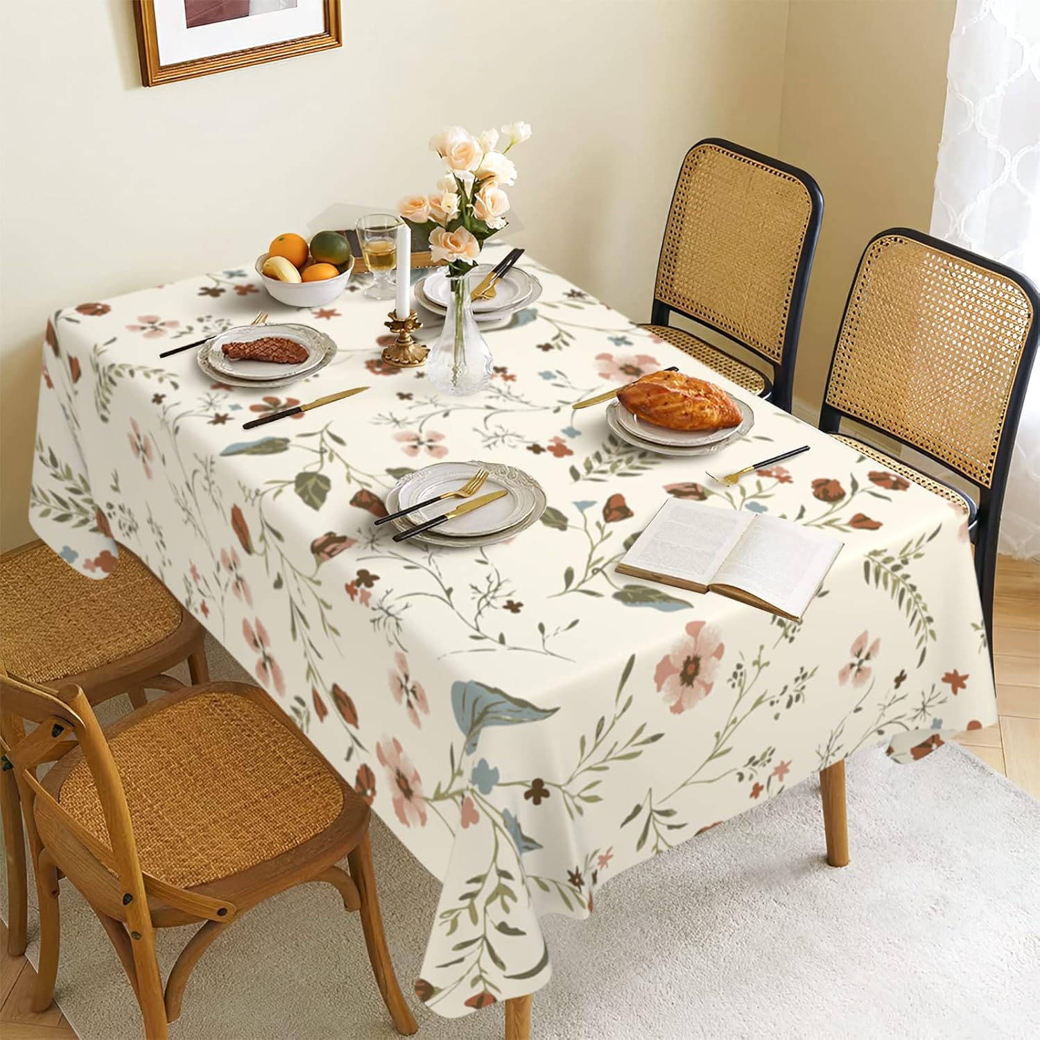 Spring Flowers Fabric Waterproof Tablecloth,Rectangle Watercolor Wrinkle Oil-Proof Resistant Table Cover for Dining Table,Modern Minimalist White