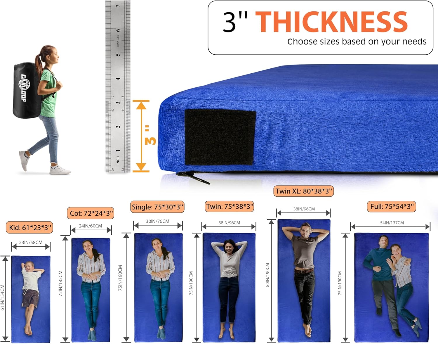 GAIALOOP Colchón de espuma viscoelástica de 3 pulgadas de grosor, colchón de futón matrimonial, tapete portátil para dormir, cama de invitados,