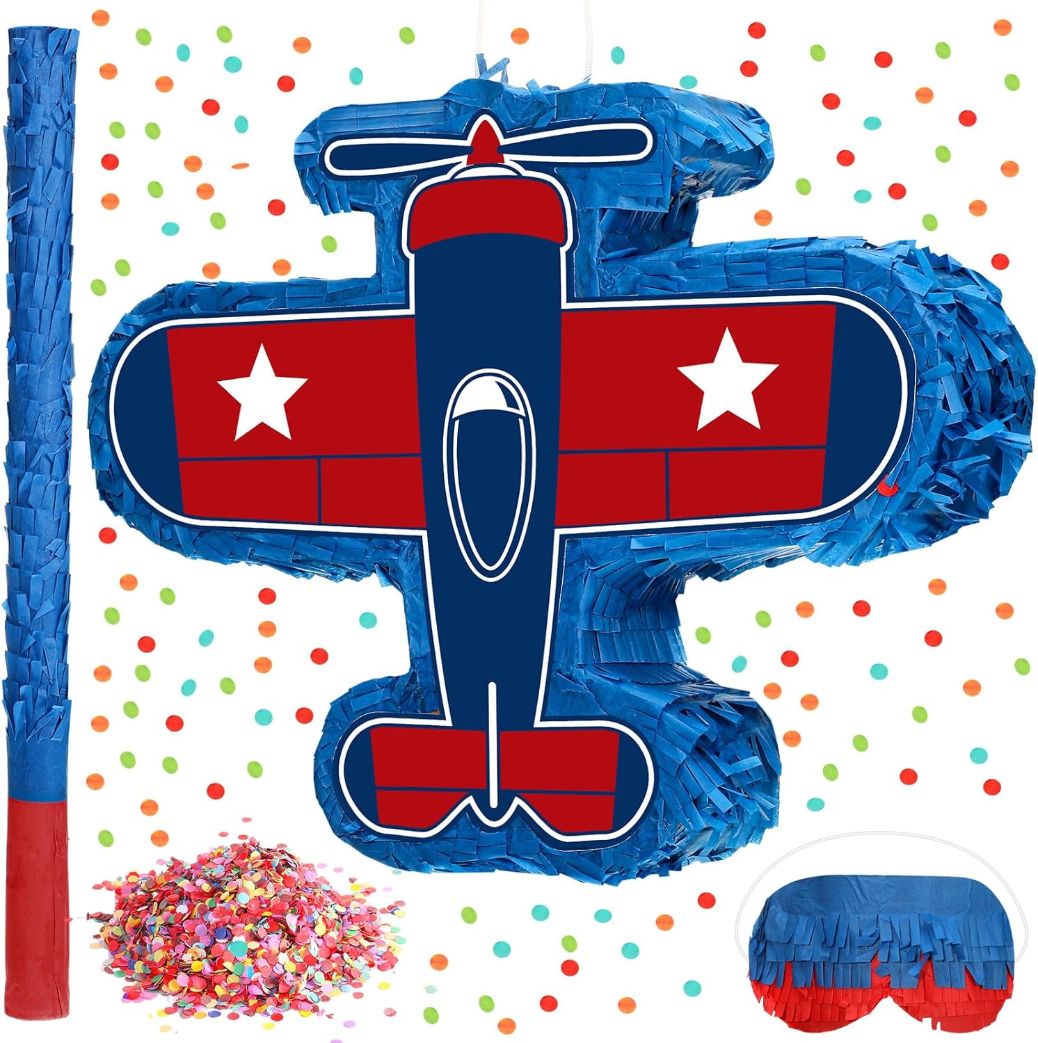 Piñata de avión de 16 x 12 x 3 pulgadas, paquete de piñata de avión con palo para vendar los ojos y confeti para fiesta temática de avión, piñata