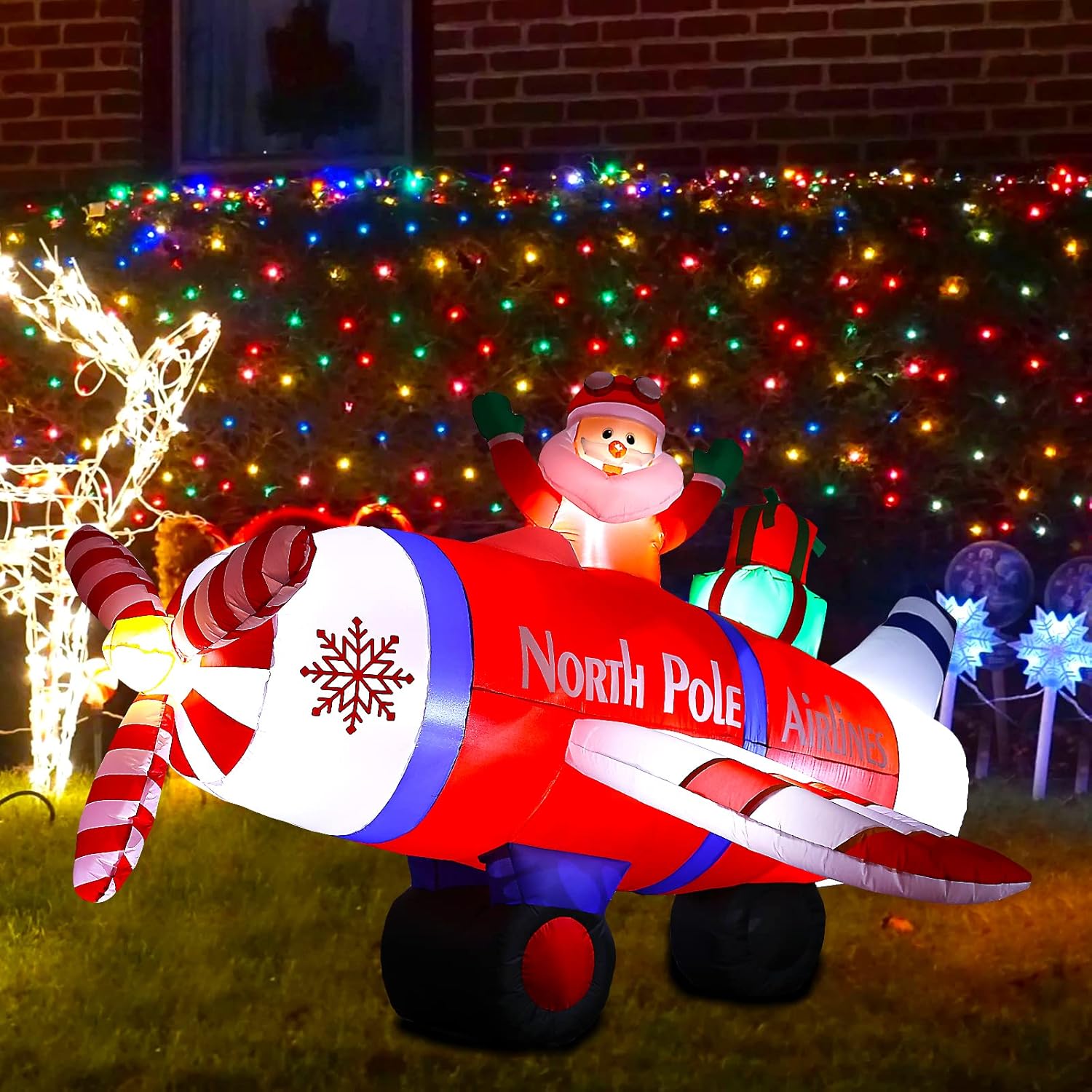 Inflables de Navidad de 8 pies, decoraciones al aire libre, avión polar volador gigante de Papá Noel con regalos, decoraciones inflables iluminadas