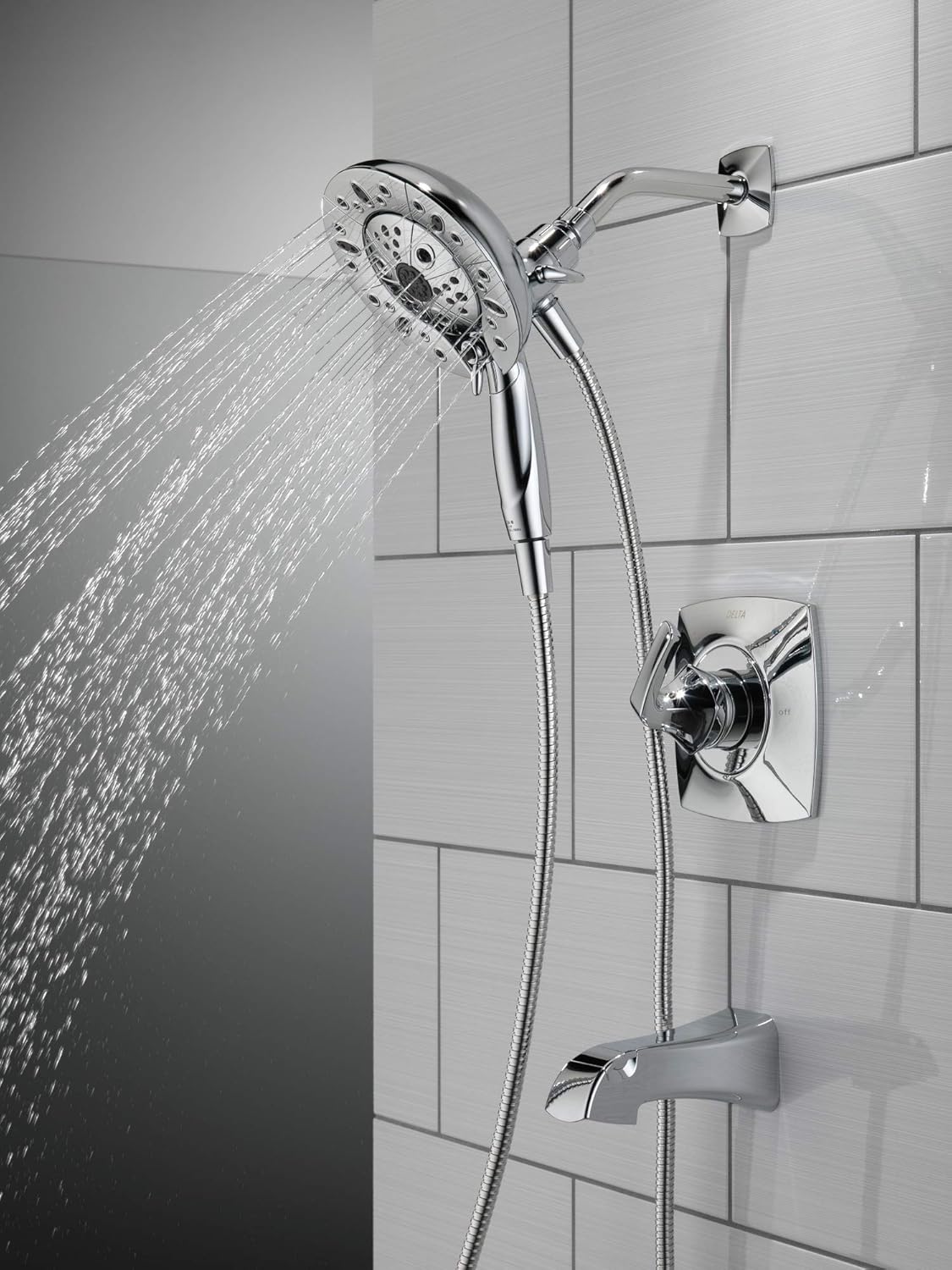 Delta Faucet Vesna 144789-I – Kit de molduras de ducha de un solo mango con cabezal de ducha de mano doble H2Okinetic In2ition de 5 pulverizaciones