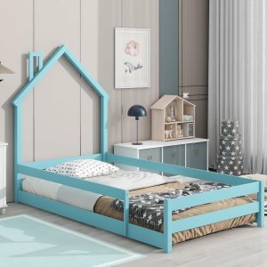 Goujxcy Cama de suelo de tamaño individual con cabecera en forma de casa, cama individual de madera para niños con rieles, cama de piso individual Goujxcy Cama de suelo de tamaño individual con cabecera en forma de casa, cama individual de madera para niños con rieles, cama de piso individual