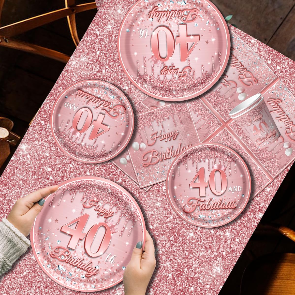 Suministros de oro rosa para cumpleaños de 40 años, 142 piezas de vajilla de oro rosa con purpurina que incluye platos de cumpleaños 40 y