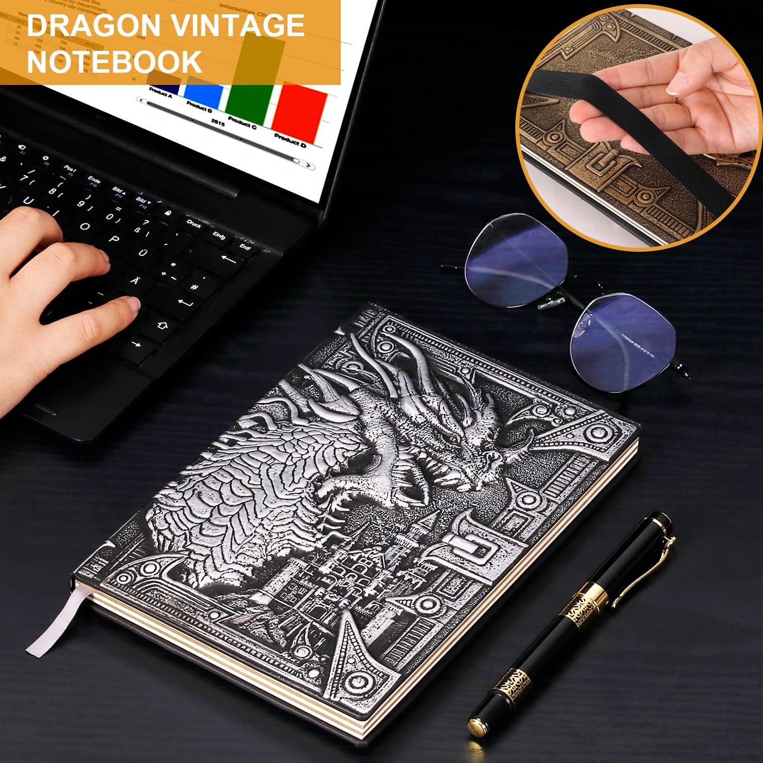 DND – Cuaderno de dragón de cuero en relieve 3D, diario de viaje vintage A5 con funda para bolígrafo y bolígrafo, diario diario diario hecho a mano