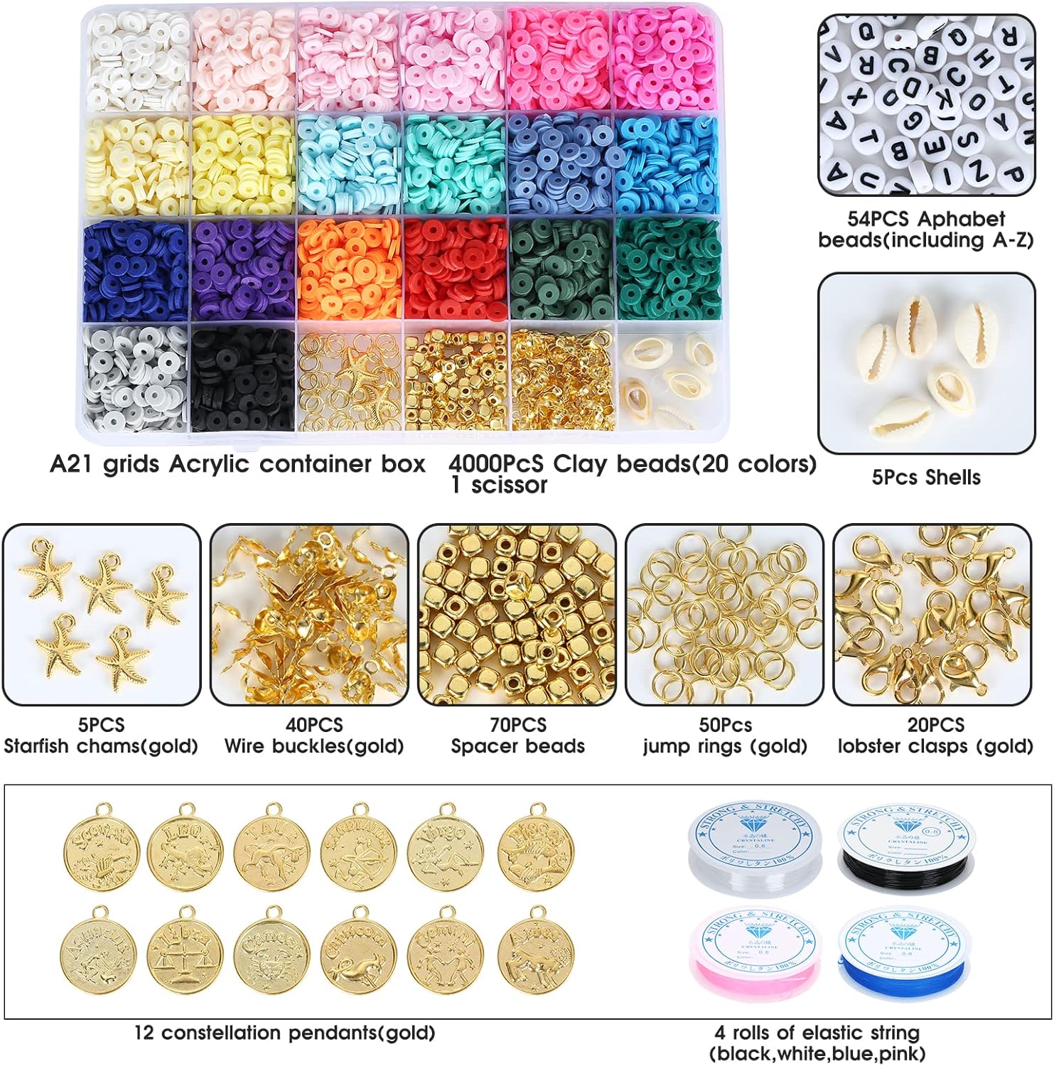 Kit de 4000 cuentas de arcilla para hacer pulseras, collares, regalos, espaciadores de polímero redondos planos con conchas, letras, 20 colores de