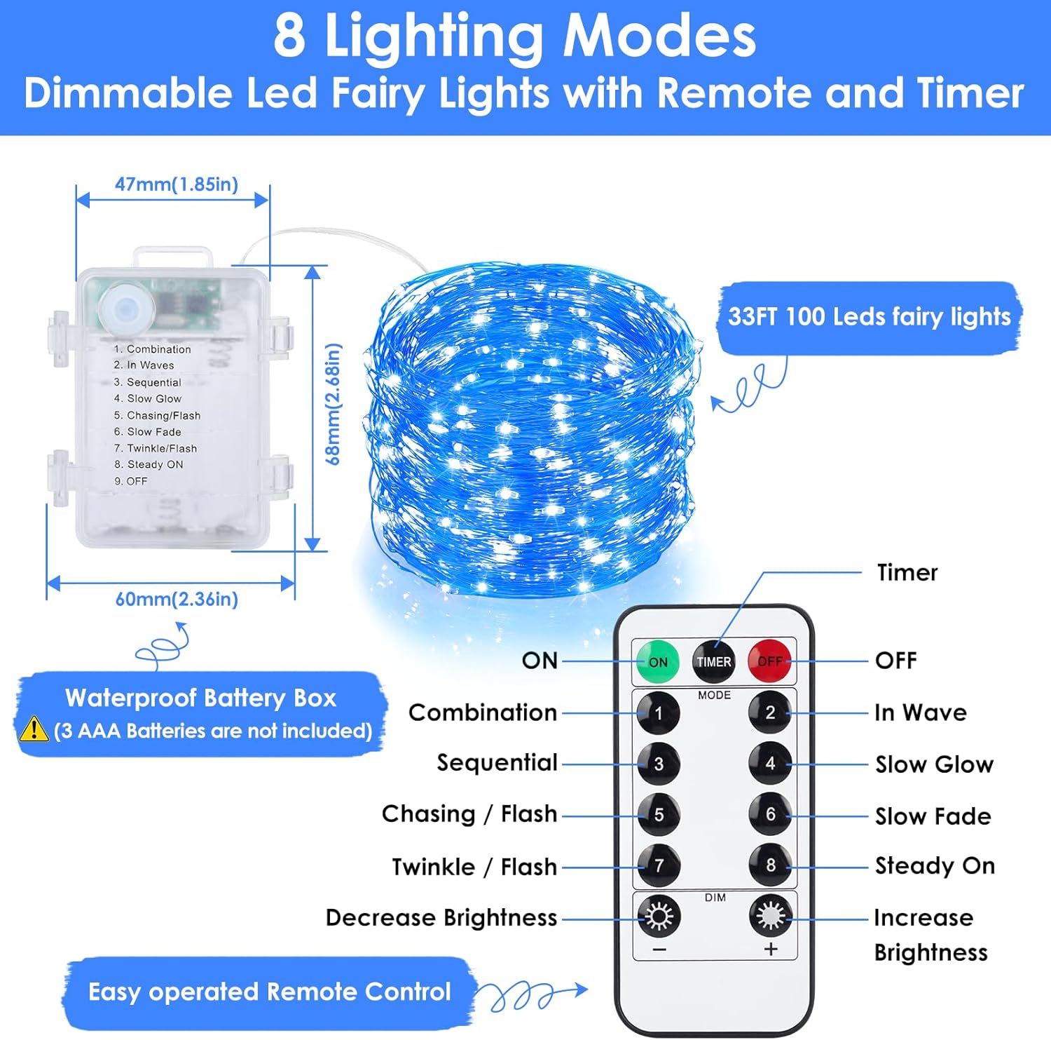 Mlambert Paquete de 3 tiras de luces de hadas de 33 pies, funciona con pilas con control remoto y temporizador, 100 LED regulables, impermeables,