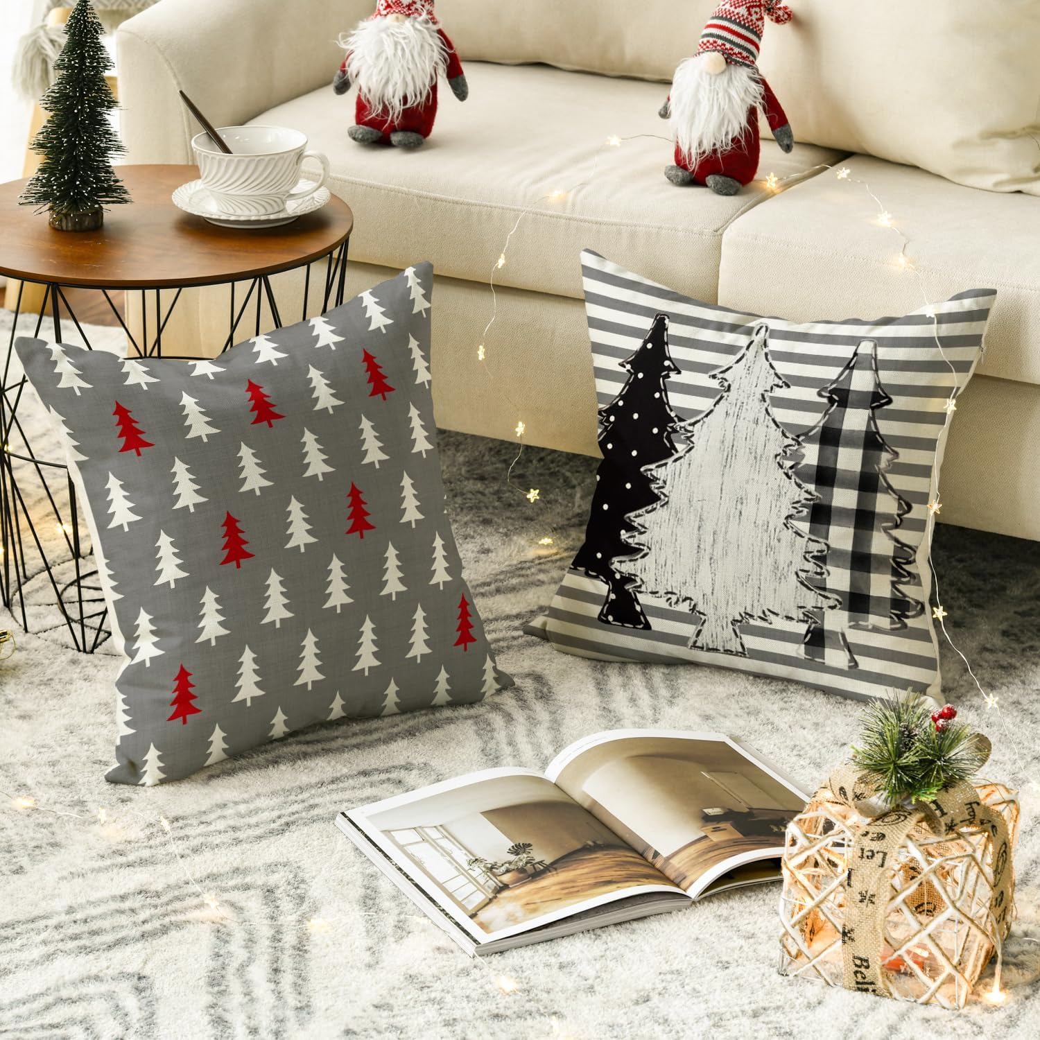 AVOIN colorlife Juego de 4 fundas de almohada con diseño de árboles de Navidad, 18 x 18 pulgadas, diseño navideño de Navidad y vacaciones de