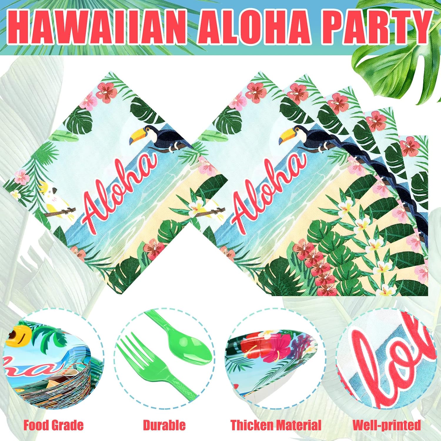 240 platos de fiesta Luau hawaiano Aloha suministros para fiesta de cumpleaños, platos desechables Tiki Tropical para 40 invitados, incluyendo