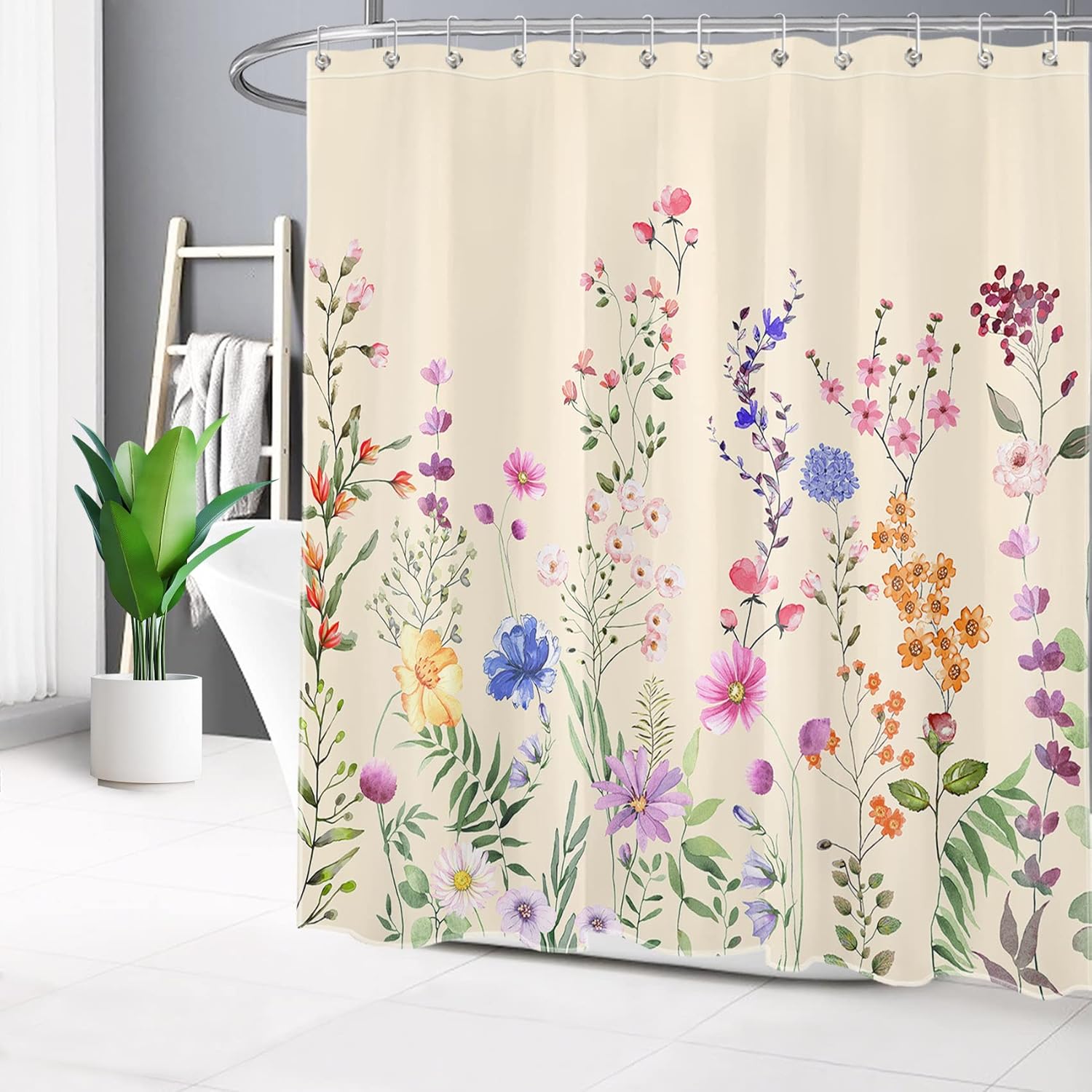 LB Farmhouse Floral Shower Curtain for Bathroom,Nature Colorful Wildflower and Green Botanical on Beige Fabric Shower Curtain with Hooks,Spring