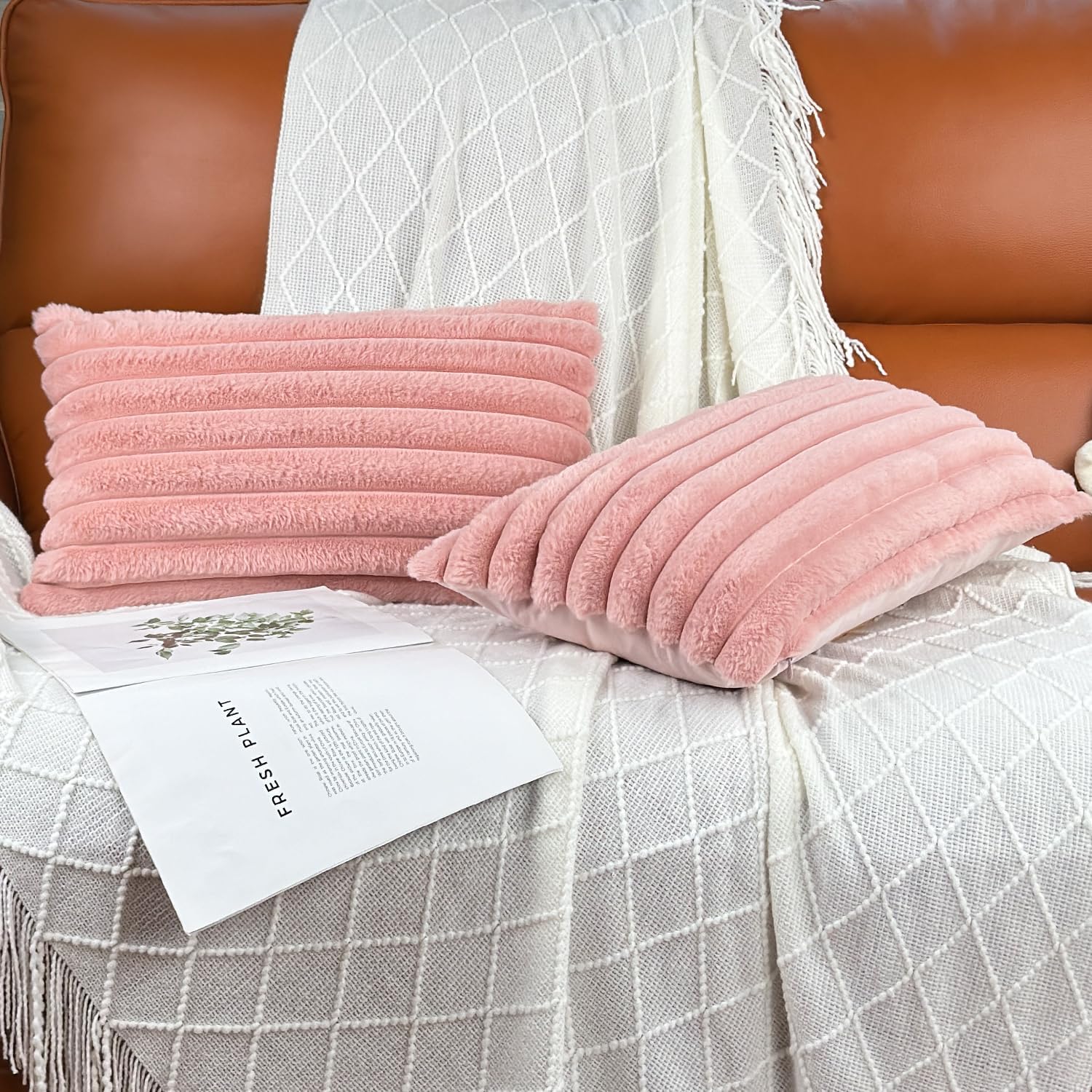 Juego de 2 fundas de almohada de 12 x 20 pulgadas, fundas decorativas de piel sintética para cama, funda de almohada suave y esponjosa con respaldo