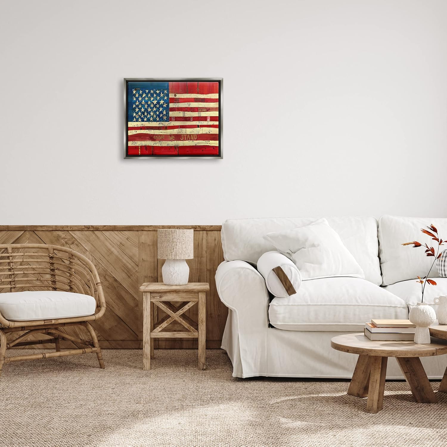 Stupell Industries United We Stand Independence Day – Bandera estadounidense festiva con diseño de Stephanie Burgess