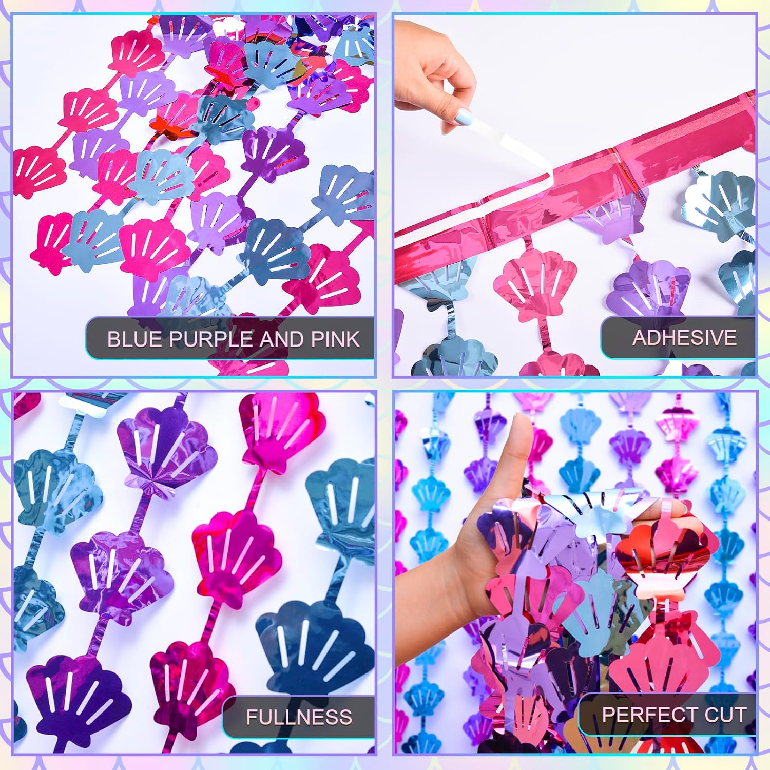 Cortinas de flecos de aluminio con temática de sirena, decoraciones de cumpleaños de sirena, 2 paquetes de 3.3 x 6.6 pies, color azul, morado y