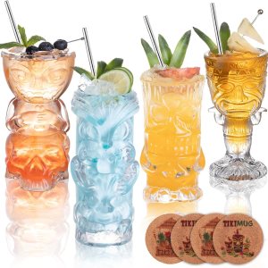 Juego de 4 vasos Tiki transparentes, vasos de cóctel exóticos tropicales con pajitas y posavasos, tazas Tiki estilo hawaiano para Mai Tai, Zombie y Juego de 4 vasos Tiki transparentes, vasos de cóctel exóticos tropicales con pajitas y posavasos, tazas Tiki estilo hawaiano para Mai Tai, Zombie y