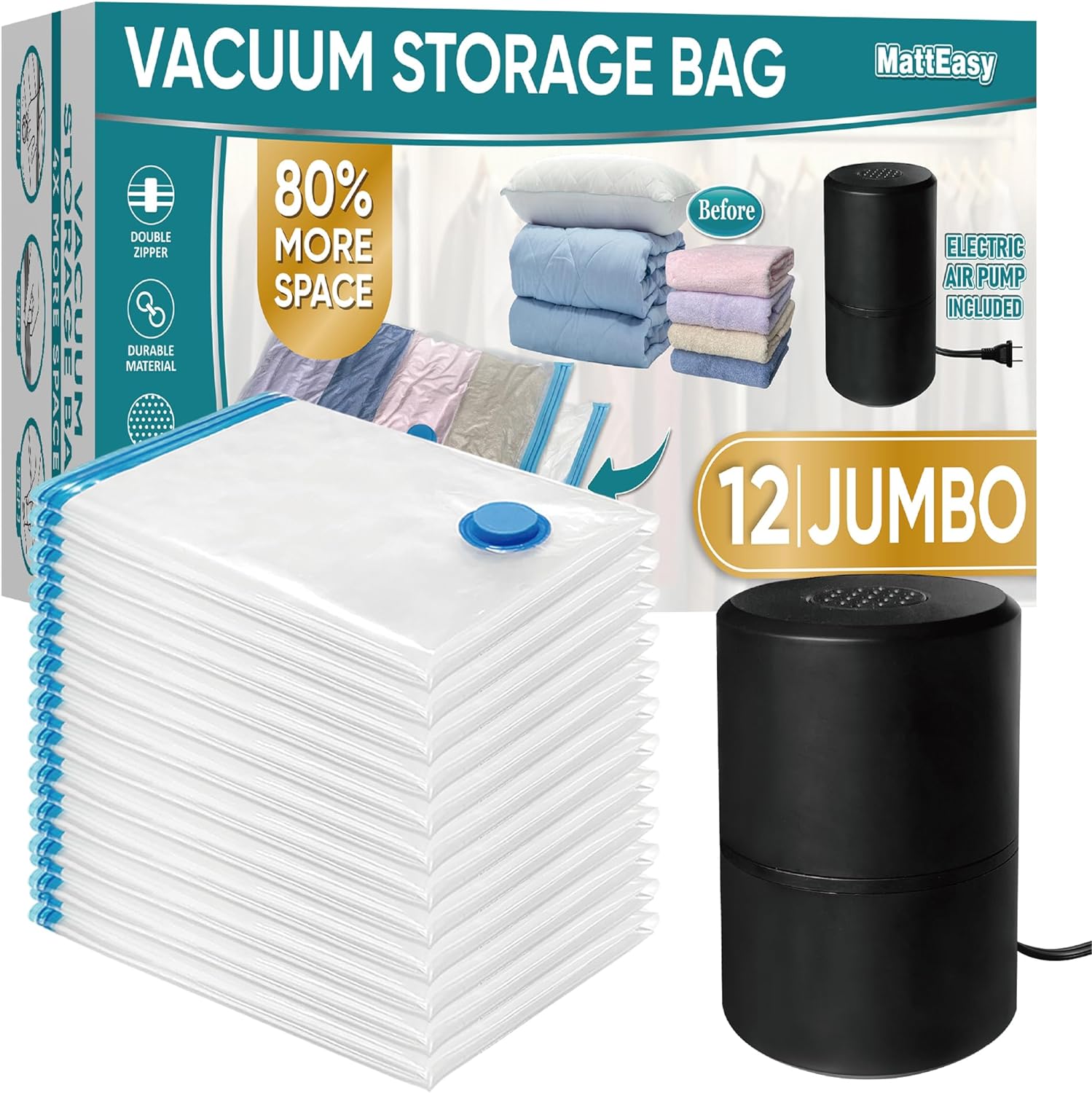 Bolsas de almacenamiento al vacío con bomba de aire eléctrica, 12 Jumbo (39.4 x 27.5 pulgadas), bolsas ahorradoras de espacio con bomba, bolsas