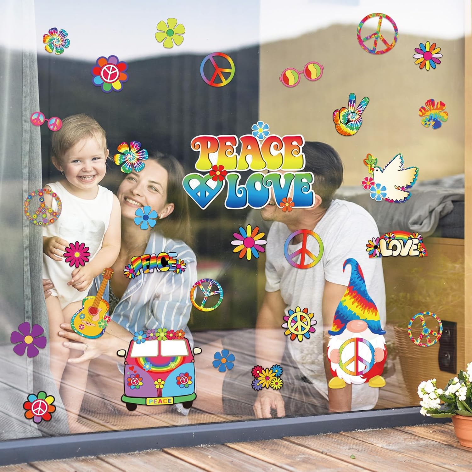 Whaline 9 hojas de calcomanías de ventana hippie de los años 60, retro, de doble cara, flores coloridas, gnomo, calcomanías para ventana, hippie,