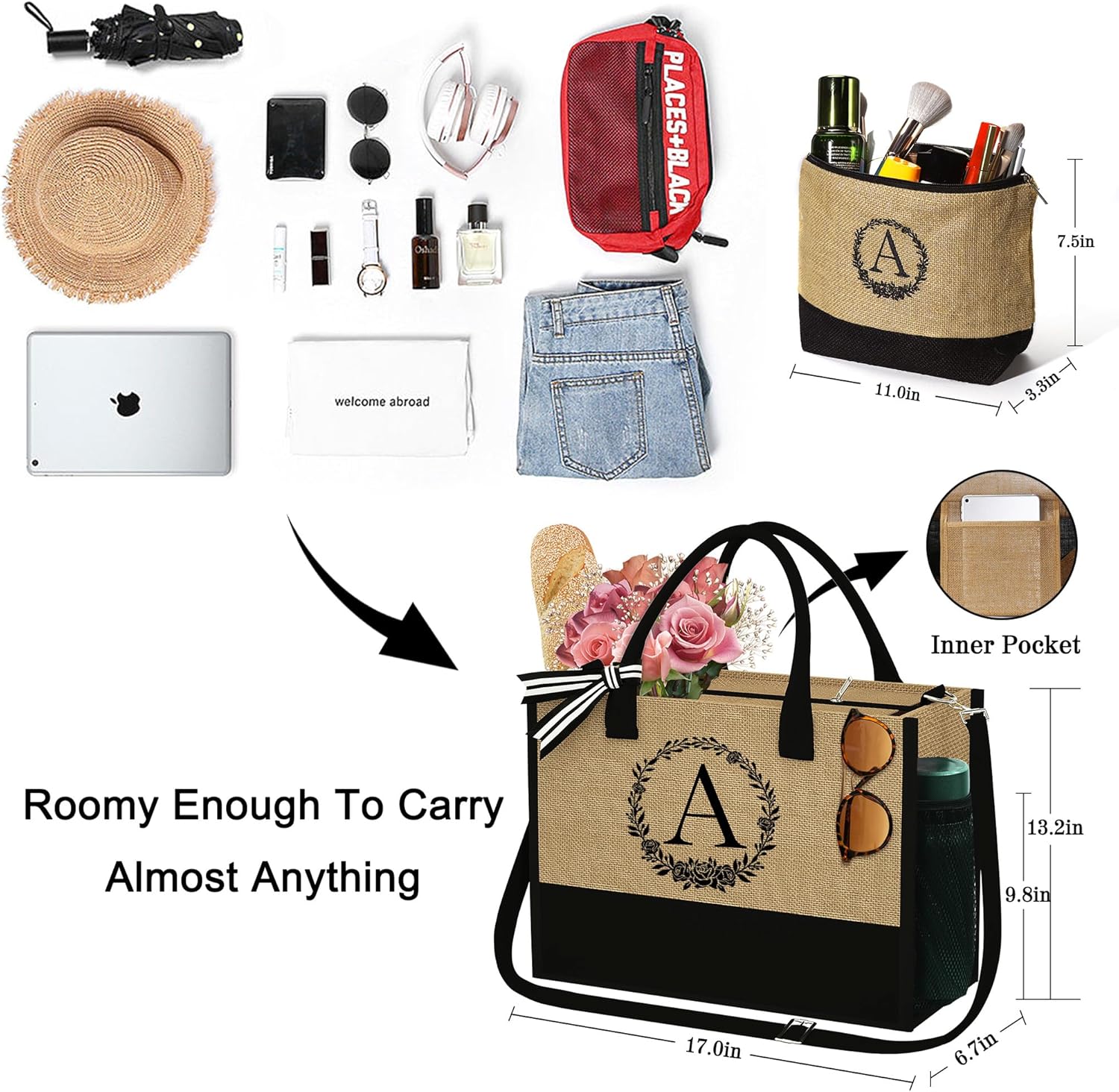 Bolsa de yute para mujer, bolsa de monograma y bolsa de maquillaje, regalos para mamá, amiga, dama de honor, cumpleaños personalizado