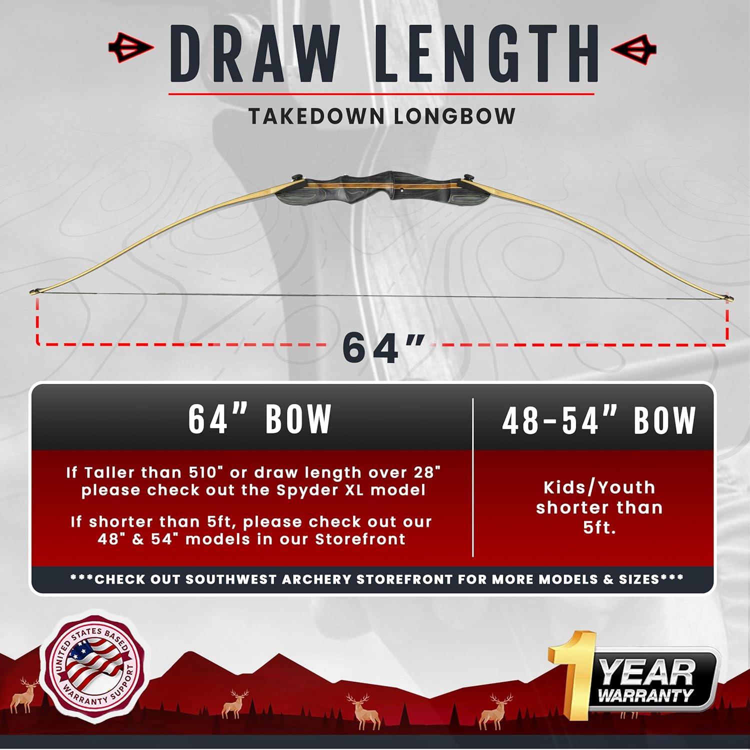 Southwest Archery Ghost Takedown Longbow  64″ Longbow Hunting Bow  Right & Left Hand  Draw Weights in 20-50 lbs  USA Based Company  Perfect for