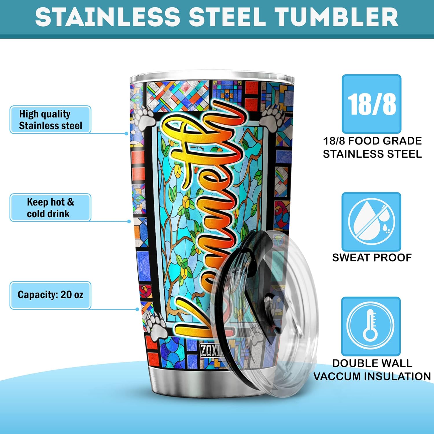 ZOXIX Vaso personalizado con diseño de oso lindo de 20 onzas, colorido estilo vitral, vida silvestre, temática de animales, ideas de regalo, taza