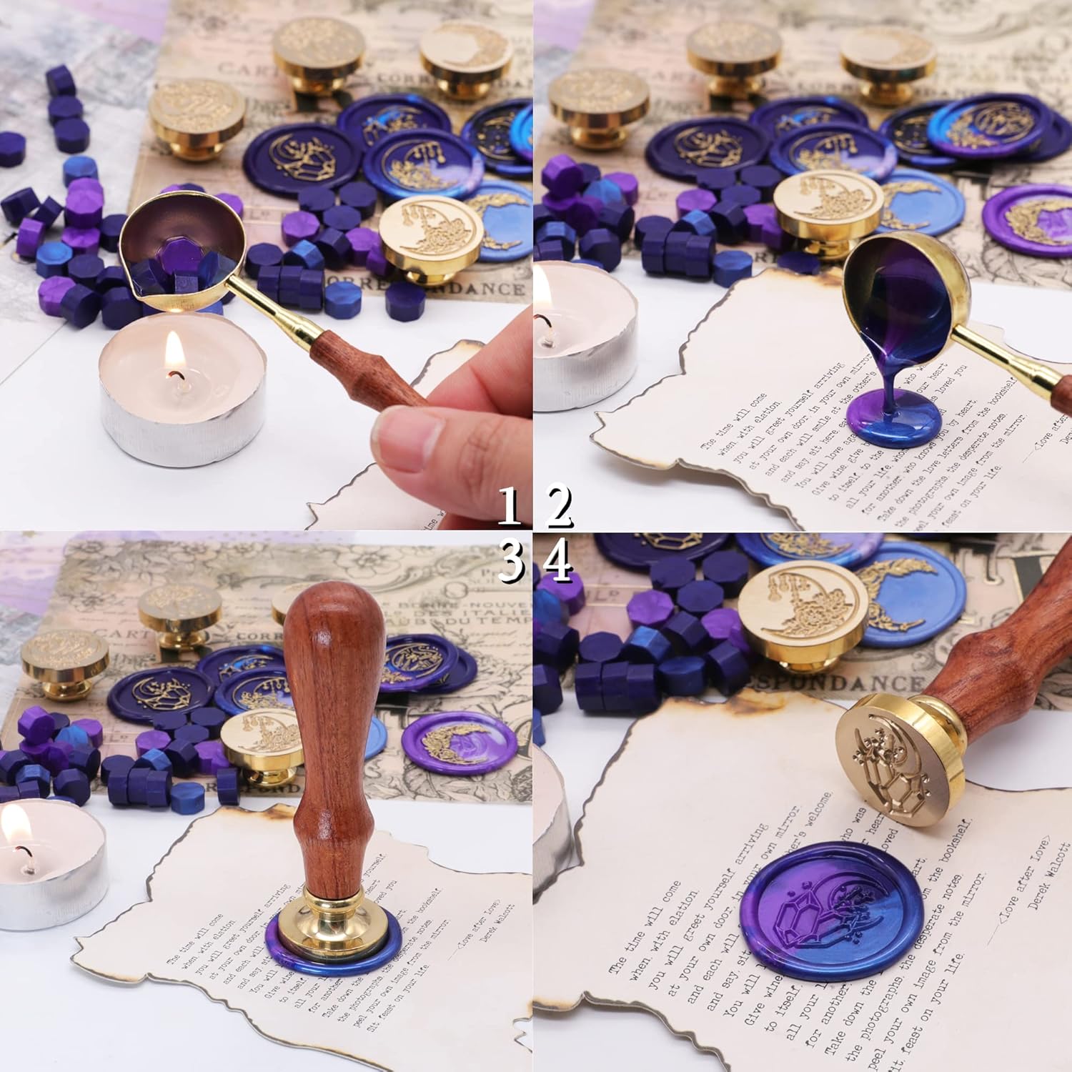 SWANGSA Sello de cera de cielo estrellado y luna, sello de madera vintage, sello de sellado de cabeza de latón extraíble, ideal para decorar