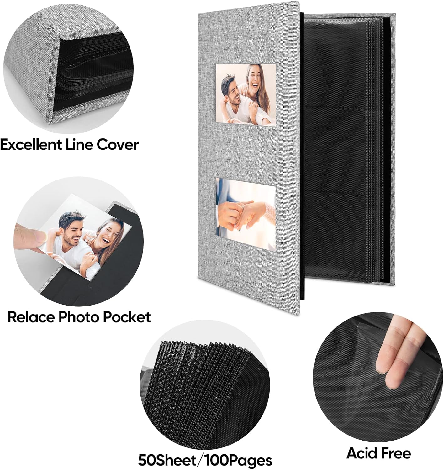 Álbumes de fotos de 4 x 6, álbum de fotos con cubierta de lino con capacidad para 300 bolsillos, álbumes de fotos grises para fotos de 4 x 6