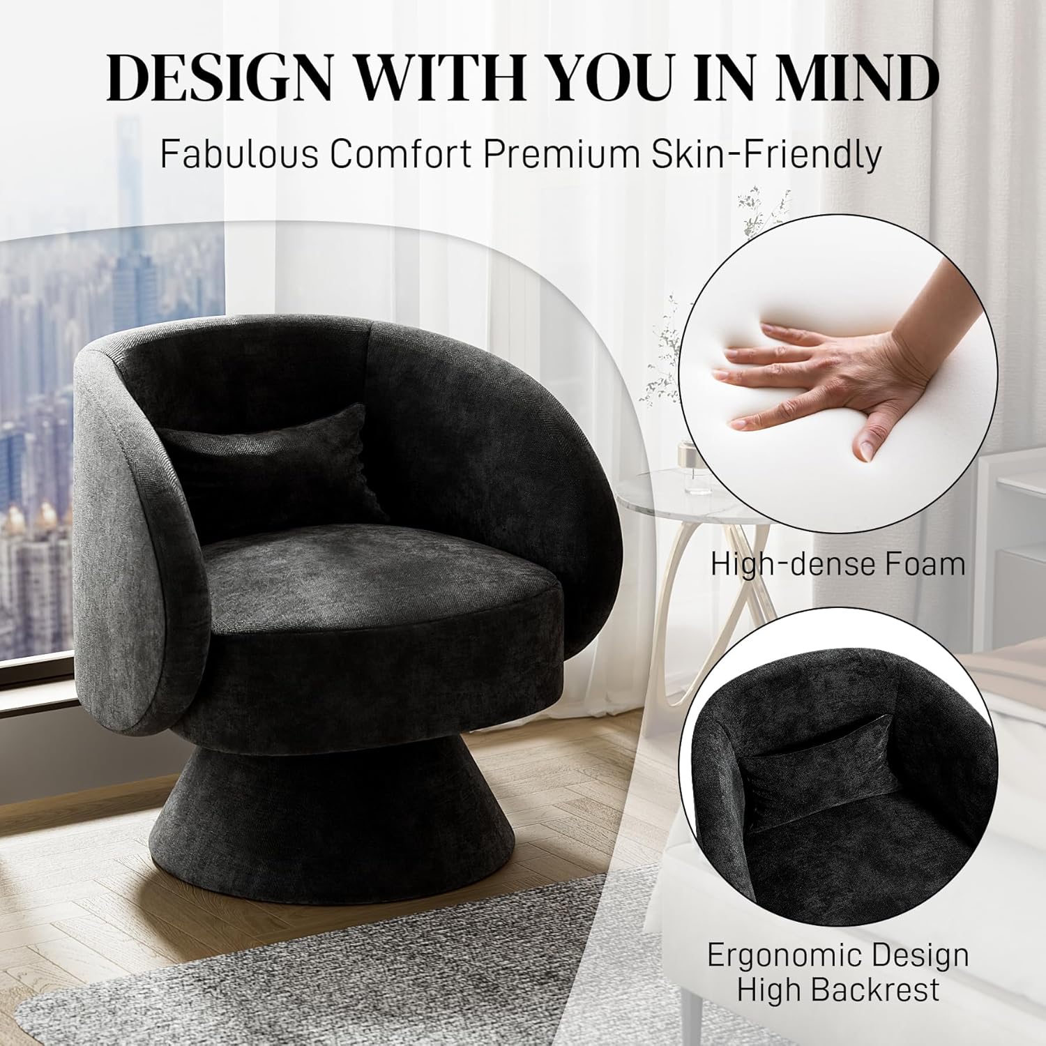 OUYESSIR Sillas giratorias de barril, silla giratoria de 360 grados, silla redonda moderna con almohada, sillas de sala de estar de tela cómoda para
