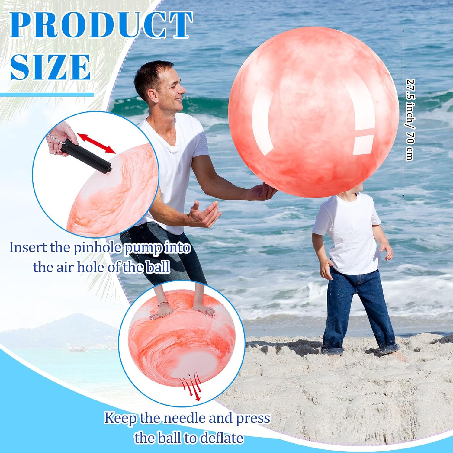 2 pelotas de playa inflables gigantes marmoleadas, bolas de playa grandes inflables de kickball grande para playa, piscina, fiesta, juguetes para
