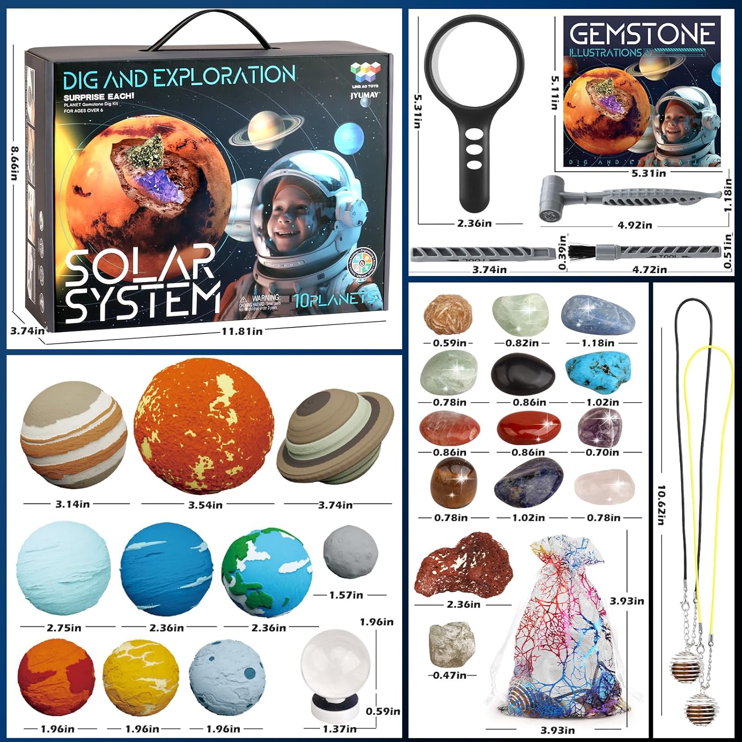 Woumserta Kit de excavación de piedras preciosas, juguetes espaciales del sistema solar excavan 15 gemas de 10 planetas, kits de ciencia para niños