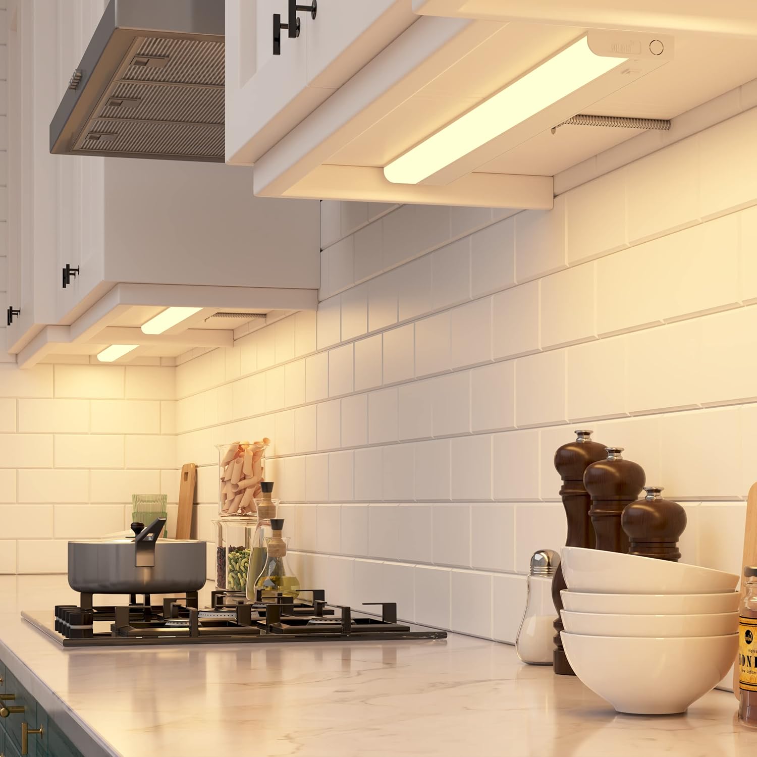 GETINLIGHT Luces LED regulables cableadas solo debajo del gabinete, 18 pulgadas, blanco suave (3000 K), acabado blanco mate, listado ETL,